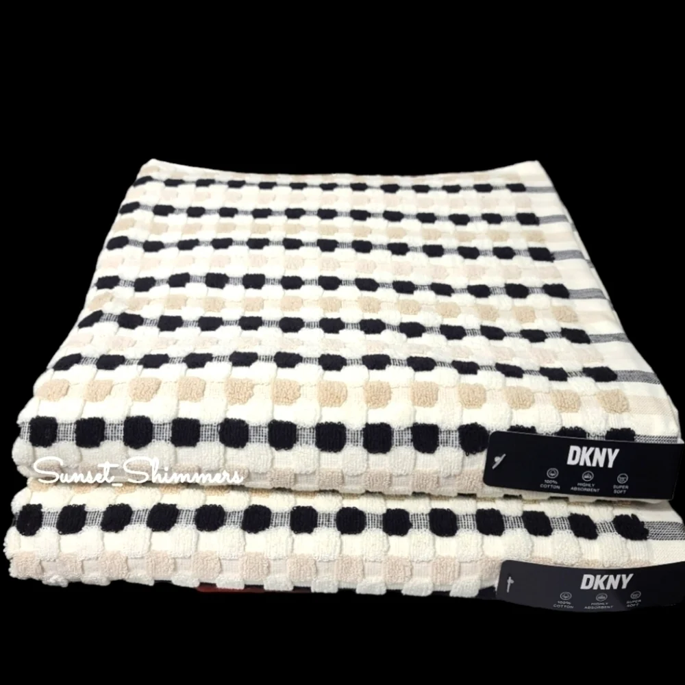DKNY 8Pc 2 Bath 2 Hand 4 Washcloth TAN BLACK WHITE Gingham Check Towel Set NEW